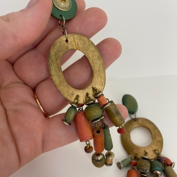 Handmade Wood Bead Dangle Eclectic Earrings Green - Picture 5 of 5